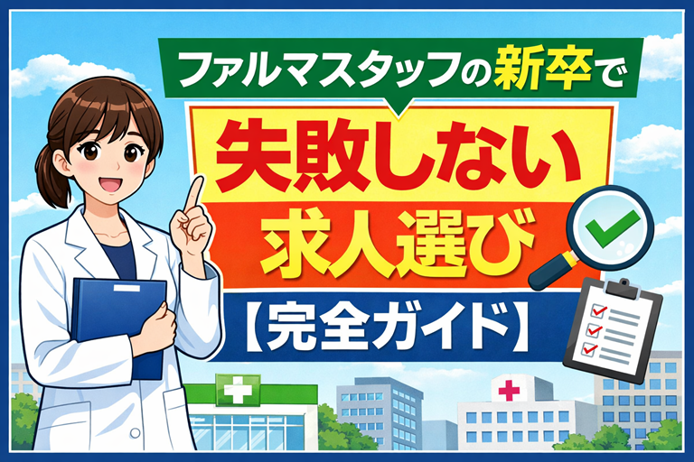 ファルマスタッフ新卒の求人選びガイド、白衣の若い薬剤師がポイントを示すイラスト、安心して新卒就職活動を進められる雰囲気