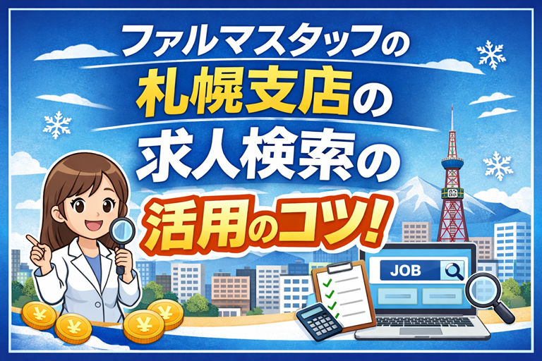 ファルマスタッフ札幌支店の求人検索の活用方法を紹介するブログサムネイル、札幌の街並みと薬剤師のイラスト付き