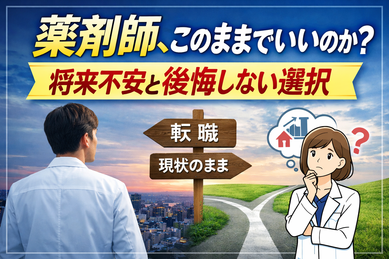 薬剤師がこのままでいいのかと将来不安やキャリアに悩む様子を表現したサムネイル画像。将来不安と後悔しない選択をテーマにした薬剤師向けキャリア記事