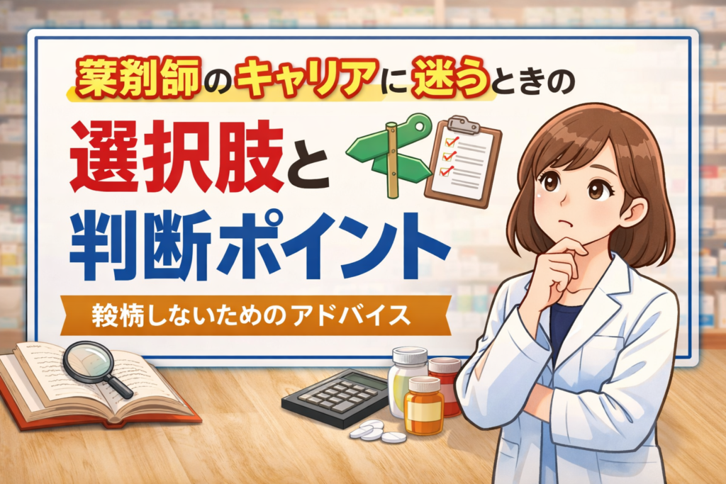 薬剤師のキャリアに迷う女性が選択肢と判断ポイントを考えているイメージイラスト