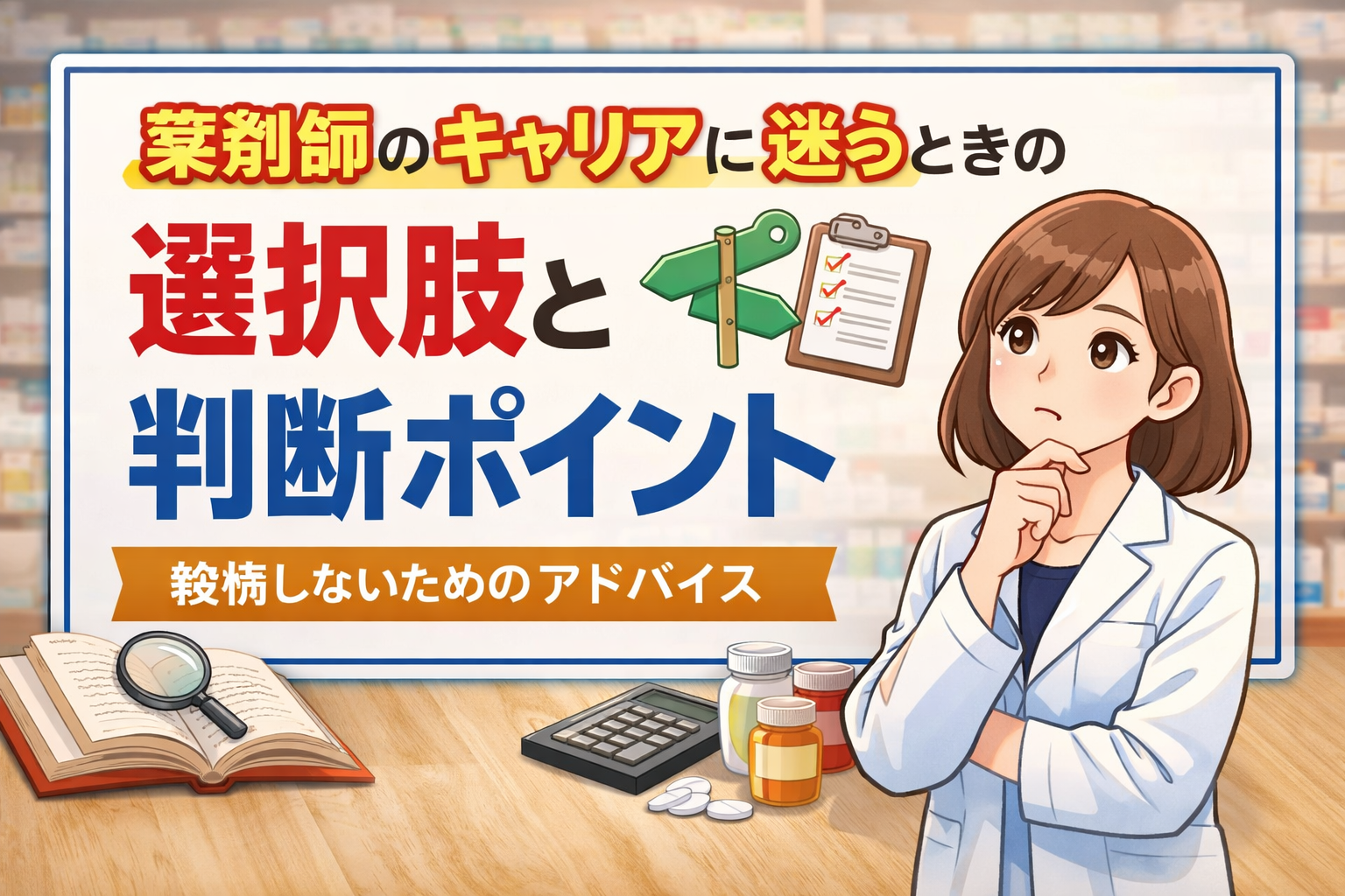 薬剤師のキャリアに迷う女性が選択肢と判断ポイントを考えているイメージイラスト