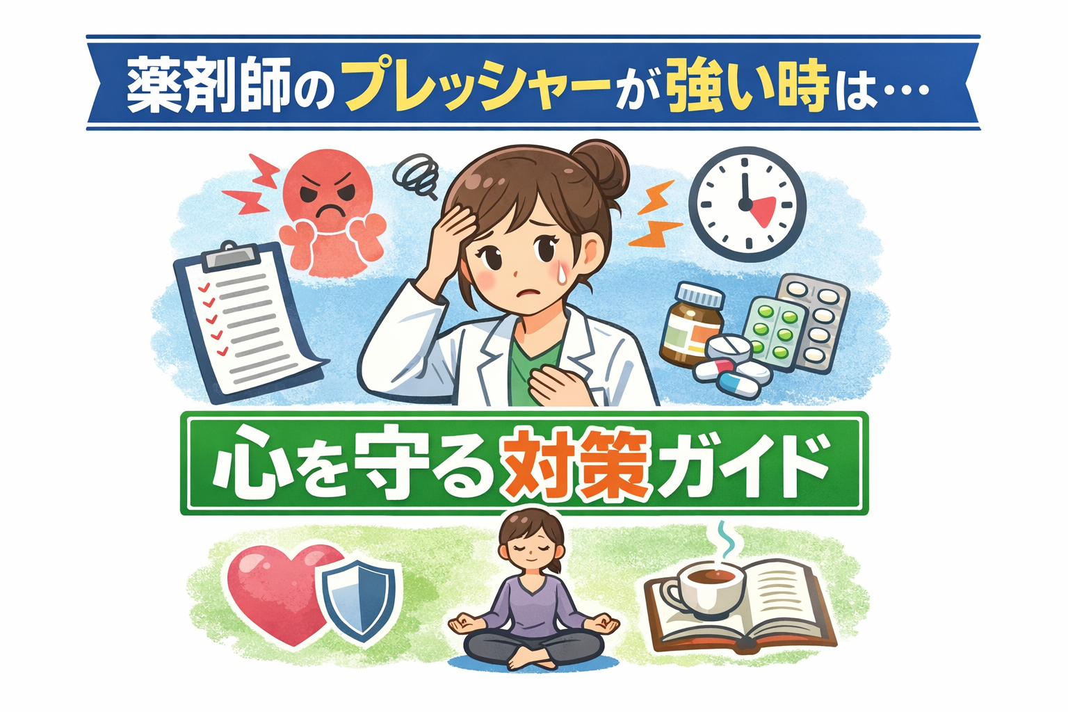 薬剤師が強いプレッシャーを感じている様子と、心を守る対策ガイドを表現したイラストサムネイル。業務負担やストレスから心を守る方法を解説する記事用画像。