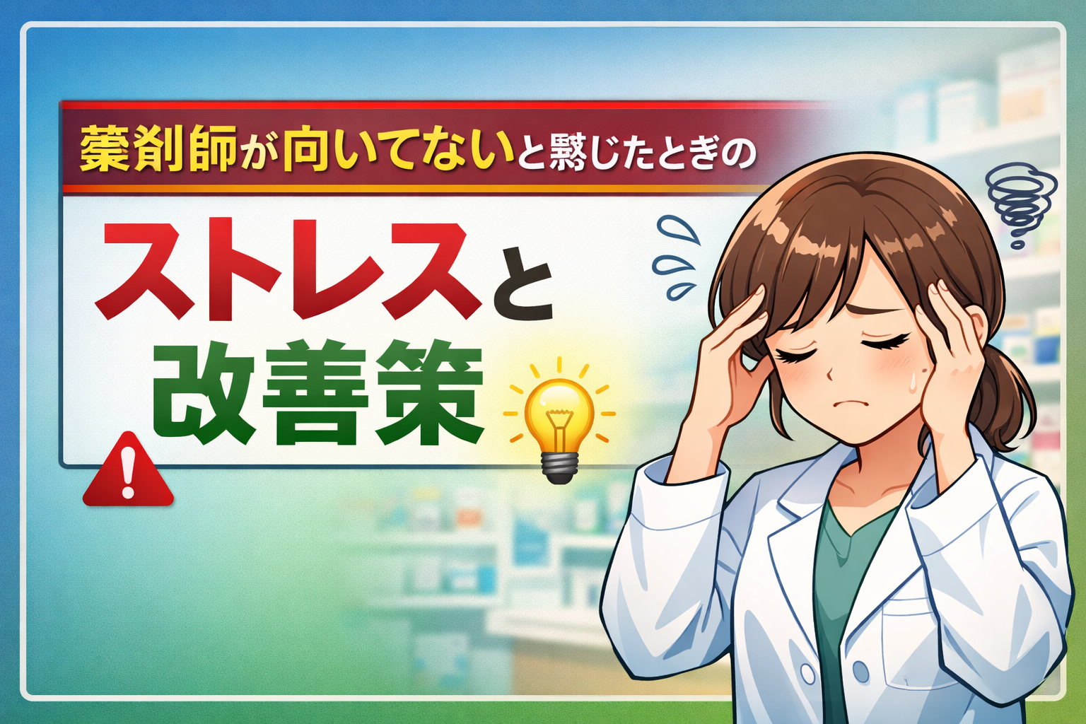 薬剤師が向いてないと感じたときのストレスを抱える女性薬剤師のイラスト。背景は薬局の棚をぼかしたデザインで、文字で「薬剤師が向いてないと感じたときのストレスと改善策」と表示